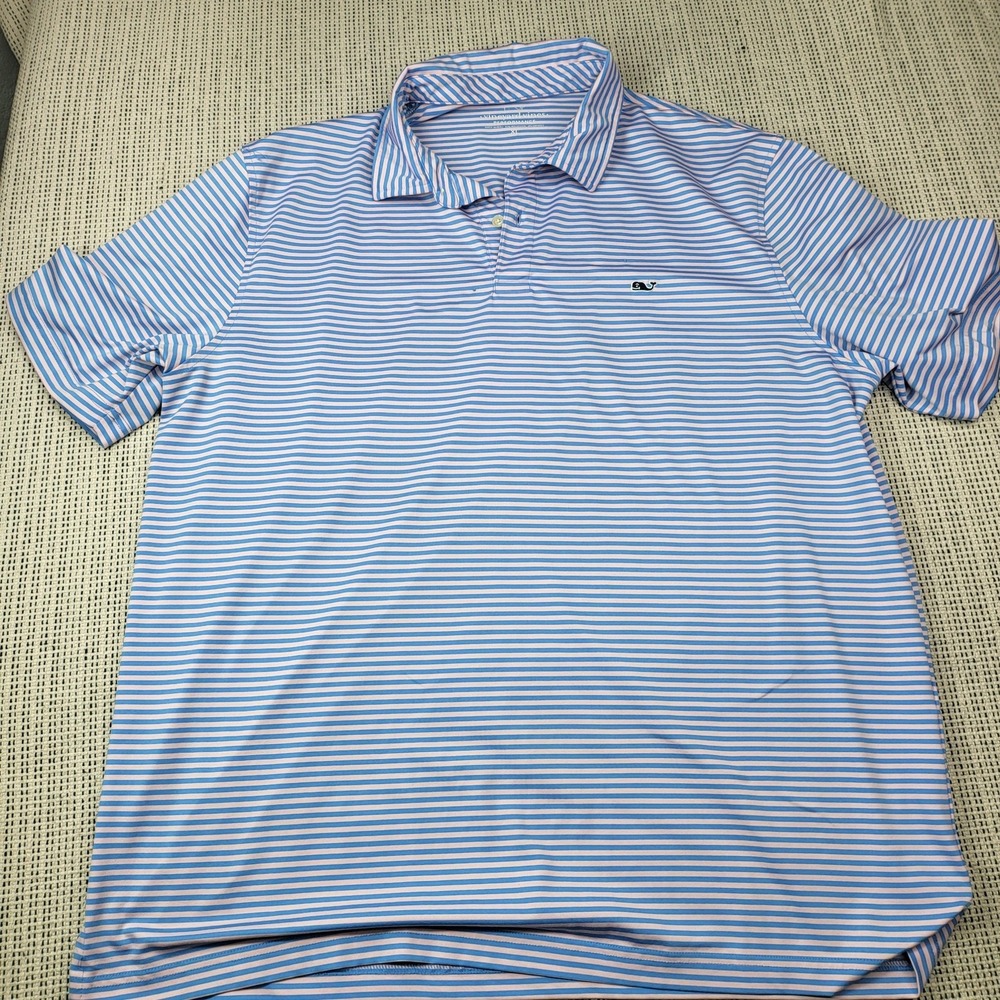 Vineyard Vines Performance Polo Shirt Mens XL Blue Pink Stripe Golf Short Sleeve